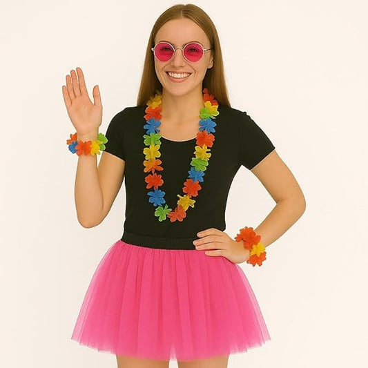 labreeze 3-Piece Fancy Dress Set, Pink Tutu Skirt with Multicolour Lei and Pink Sunglasses, One Size