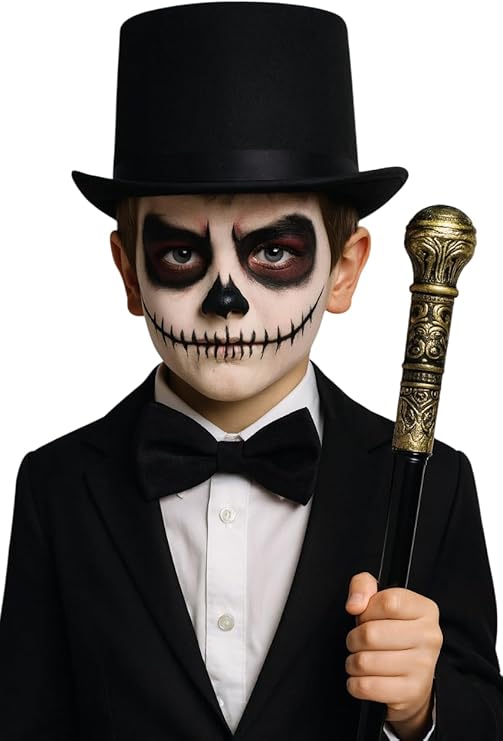 labreeze Kids Black Lincoln Hat, Black Bow Tie & Gold Top Cane Set – Boys Halloween Fancy Dress Gentleman Costume Accessories for Parties, Cosplay & Role Play