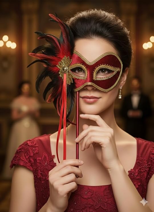labreeze Red Masquerade Mask with Feathers on Stick – Venetian Style Handheld Party Mask
