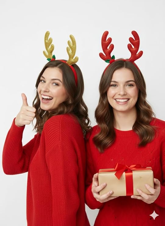 Labreeze Set of 2 Christmas Glitter Reindeer Antlers Headbands – Red & Gold Festive Holiday Accessories
