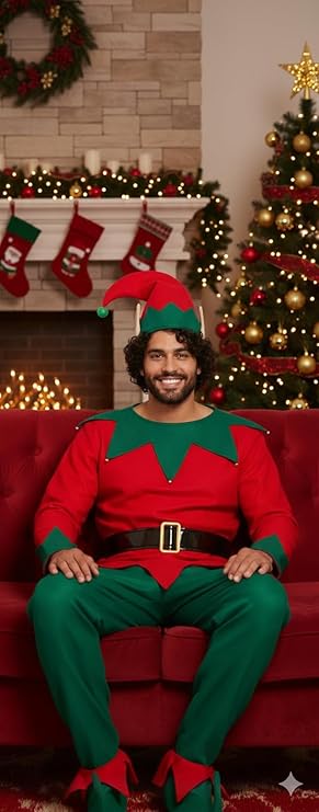 labreeze Men’s Christmas Elf Costume – One Size Adult 5-Piece Fancy Dress Outfit