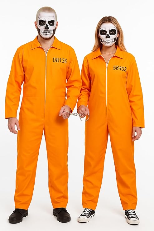 labreeze Halloween Prison Jumpsuit Costume with Handcuffs – Orange Inmate Uniform with Prisoner Number – Unisex Adult Fancy Dress Outfit for Halloween & Parties