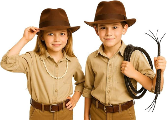 Brown Explorer Hat Set for Kids (2-Pack) with One Explorer Whip – Adventure Safari Costume Accessories for Fancy Dress, Halloween & Role Play