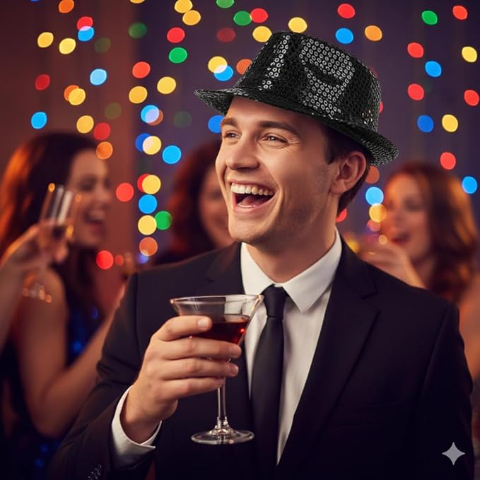Labreeze Black Sequin Gangster Hat (Adult) – Sparkly Fancy Dress Fedora for Christmas & Party Costumes