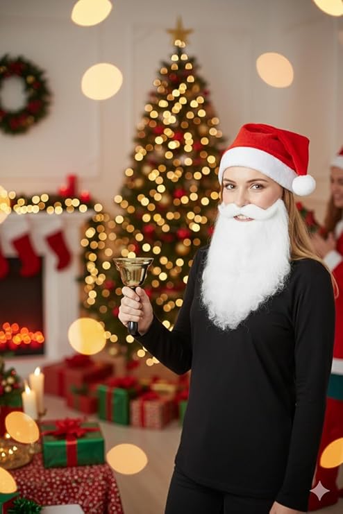 labreeze Santa Hat with Santa Beard & Gold Hand-Held Bell – Women’s Christmas Fancy Dress Accessory Set