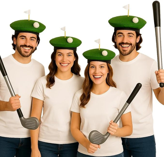 Labreeze Set of 4 Crazy Golf Hats (Adult) with Inflatable Golf Clubs (92cm) – Fun Novelty Golf Fancy Dress Accessories for Parties, Stag Dos & Sports Events
