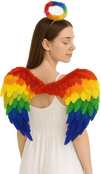 Adult Rainbow Angel Wings and Halo 2-Piece Costume Set – Feather Fancy Dress Accessories for Women & Men – Pride, Festivals, Carnival & Colourful Cosplay Events