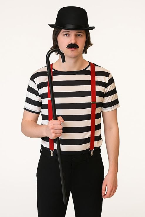 labreeze Men’s Charlie Chaplin Costume Accessory Set – Bowler Hat, Black Bow Tie, Red Braces, Black Cane & Moustache – 5-Piece Fancy Dress Kit for Adults, Theatre, Cosplay & Comedy Events