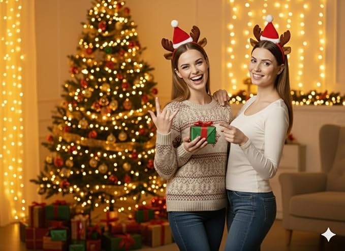 labreeze Pack of 2 Reindeer Antler Headbands with Ears and Santa Hat – Christmas Hair Accessories for Women