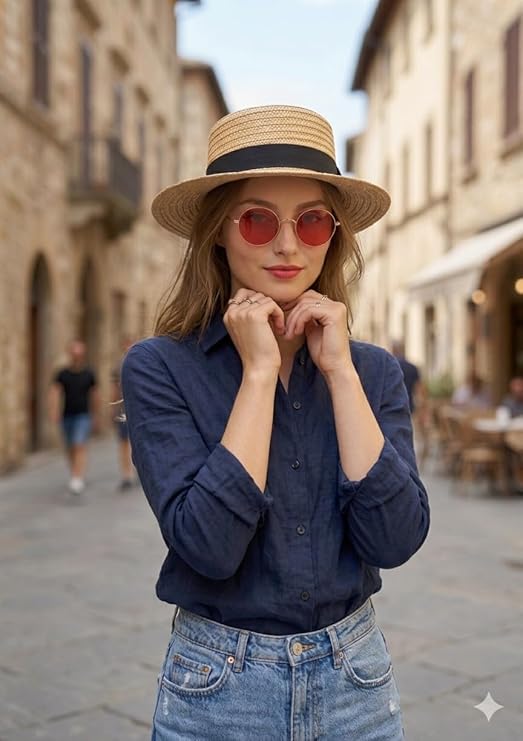 labreeze Straw Boater Hat & Gold Frame Glasses Set with Red Lenses – Vintage Fancy Dress Accessories