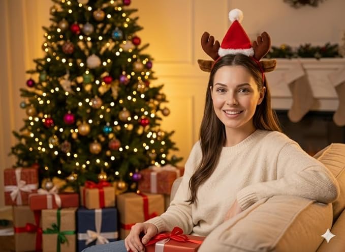 labreeze Reindeer Antler Headband with Ears and Santa Hat – Christmas Hair Accessory for Women