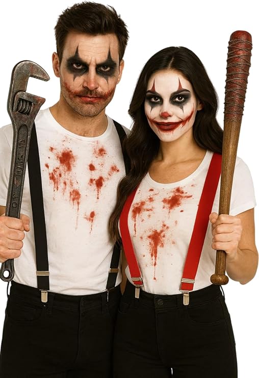labreeze Couple’s Halloween Costume Set – Adults Black & Red Braces with Bloody Baseball Bat and Bloodied Wrench – Horror Fancy Dress Accessories for Halloween & Cosplay