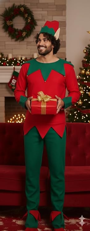 labreeze Men’s Christmas Elf Costume – One Size Adult 5-Piece Fancy Dress Outfit