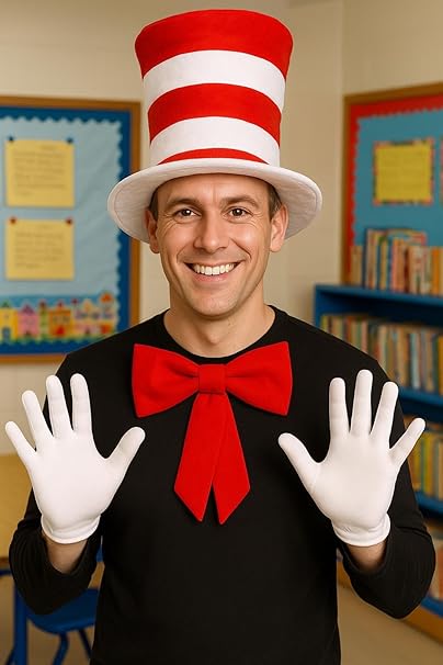 labreeze Men’s Tall Red and White Striped Top Hat Set – Fancy Dress Costume with Short White Gloves & Large Red Bow Tie (34×23.5cm) – Book Day, Cosplay, Party Outfit