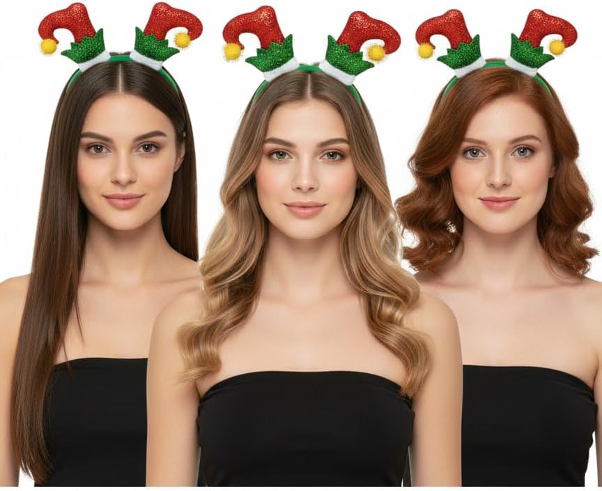 labreeze Pack of 3 Tinsel Elf Boots Christmas Headbands – Festive Xmas Hair Accessories for Women