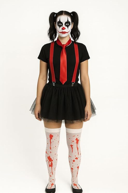 labreeze Scary Clown Halloween Costume Set with Black Tutu Dress, Red Tie, Suspenders and Blood-Splattered Stockings – Women’s Horror Fancy Dress Outfit for Halloween, Cosplay & Parties
