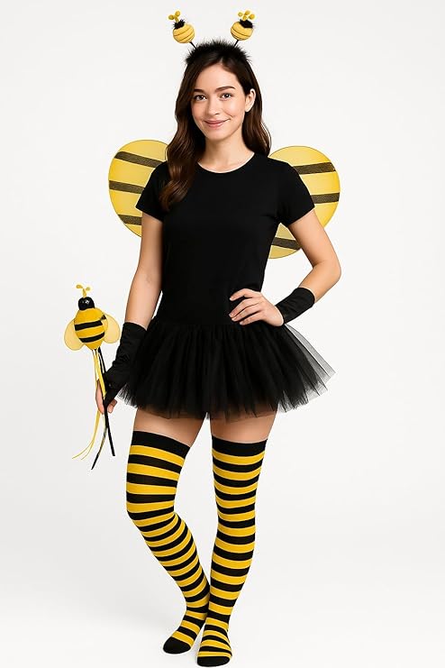 Set for 2 Women – Ladybird 3-Piece Costume with Black Tutu Skirt & Over-the-Knee Socks and Bumblebee 3-Piece Set with Tutu Skirt & Black Yellow Striped Socks – Matching Halloween & Party Outfits