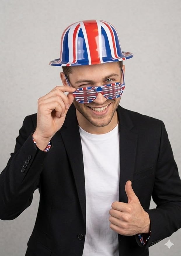 Union Jack Plastic Bowler Hat & Shutter Glasses Set – Red British Pride Costume Accessory (Adult Unisex) - Labreeze Ltd
