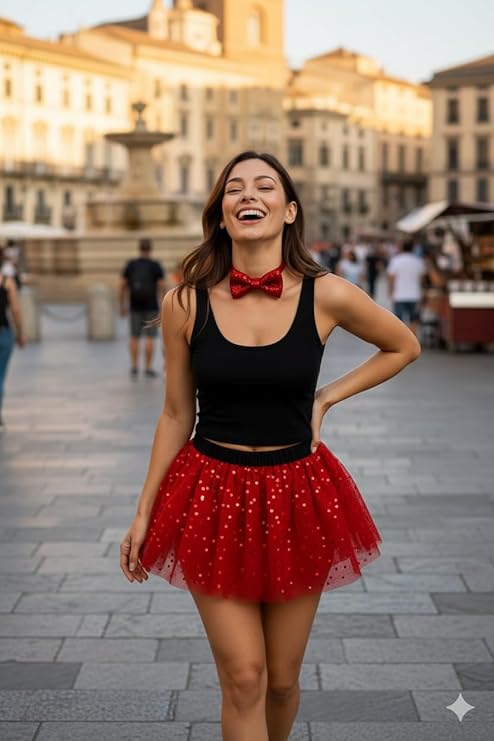Labreeze Red Sequin Tutu & Bow Tie Set – Adult Sparkly Christmas Party Fancy Dress Costume
