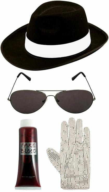 labreeze Halloween Gangster Costume Accessories Set – Al Capone Hat, Black Tie, Aviator Glasses, Sequin Glove & Fake Blood – Men’s Fancy Dress Kit