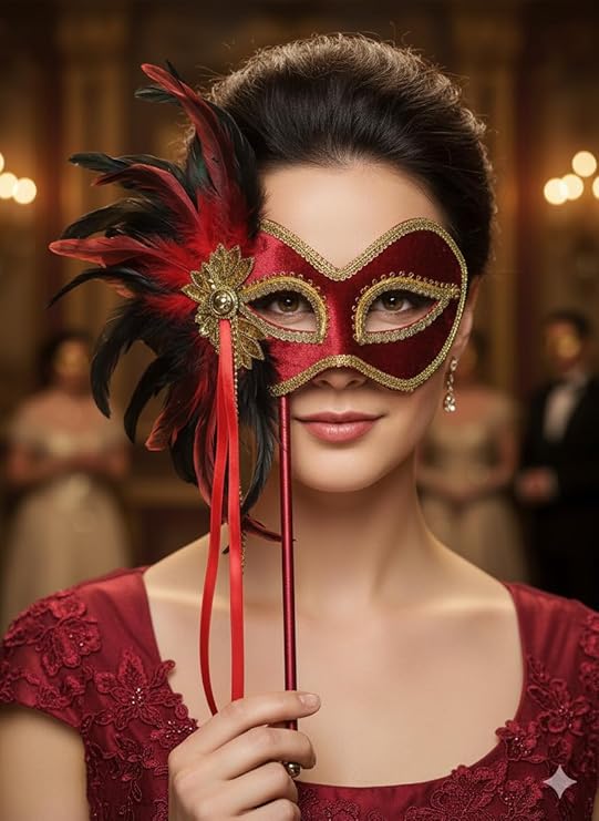 labreeze Red Masquerade Mask with Feathers on Stick – Venetian Style Handheld Party Mask