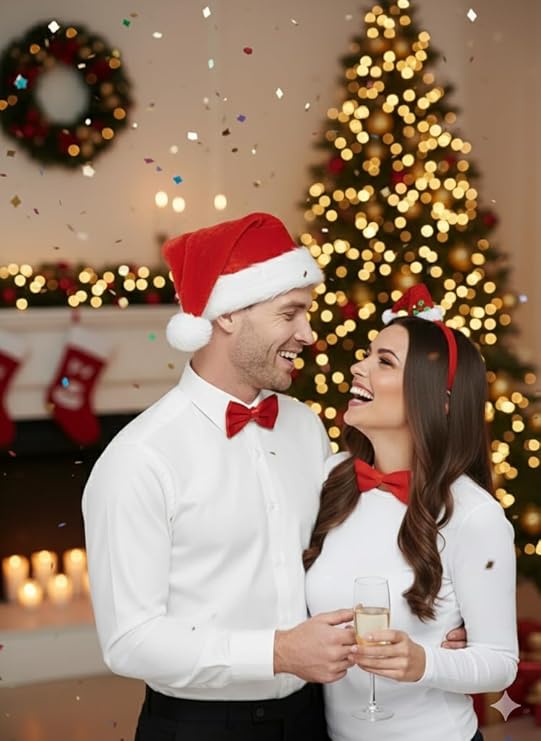 Labreeze Santa & Mrs Claus Couples Bundle – Santa Hat, Mini Santa Hat Headband & 2 Red Bow Ties – Christmas Costume Accessories