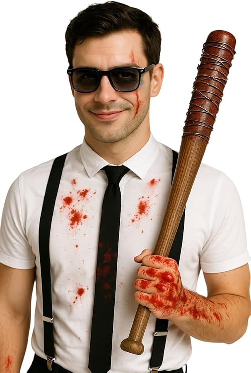 labreeze Men’s Braces, Tie, Sunglasses and Bloody Baseball Bat with Barbed Wire – Horror Fancy Dress Costume Accessory Set for Halloween Parties & Cosplay