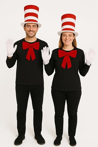 labreeze Couples’ Red and White Top Hat Costume Set – 2 Tall Striped Hats, 2 Red Bow Ties (34×23.5cm) & 2 Pairs White Gloves – Fancy Dress for Men & Women