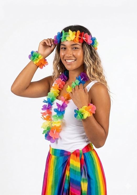 labreeze Hula Lei 4 Piece Set – Multicoloured Neon Hawaiian Party Accessories