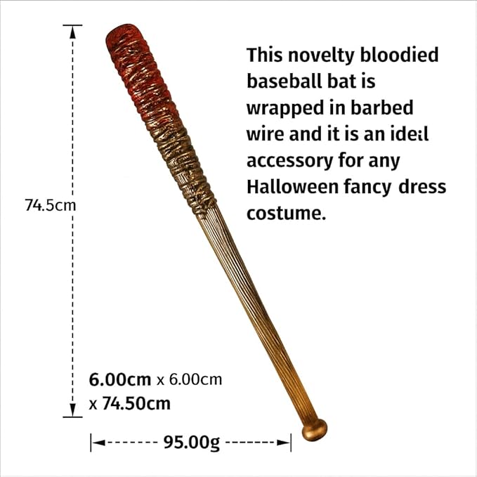 labreeze Halloween Barbed Wire Baseball Bat (74.5 cm) – Bloody Zombie Apocalypse Horror Prop Weapon – Realistic Plastic Fancy Dress Accessory for Adults & Cosplay