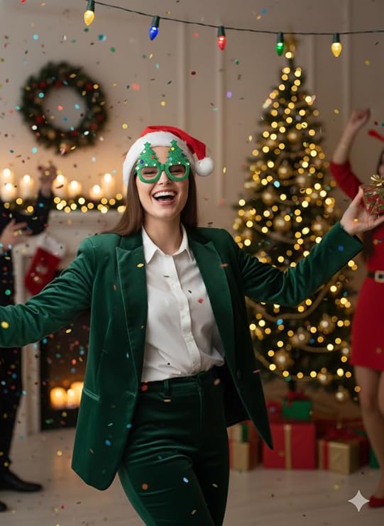 Labreeze Santa Hat & Christmas Tree Glasses Set – Festive Holiday Costume Accessories with Glitter Baubles for Adults and Kids