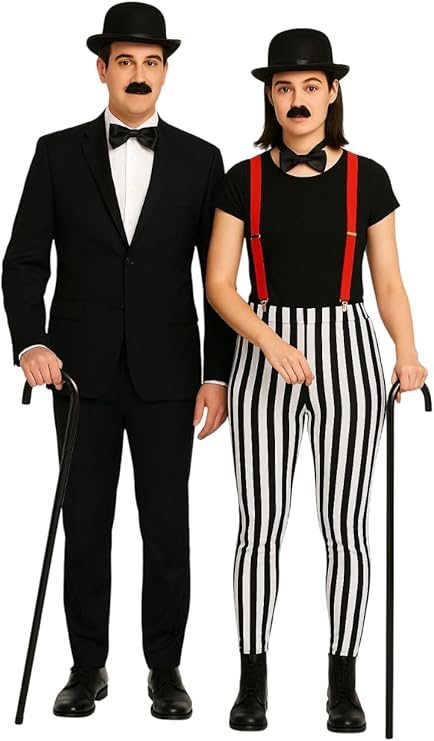 labreeze Charlie Chaplin-Inspired Couples Fancy Dress Set – 2 Bowler Hats, 2 Bow Ties, Red Braces, 2 Cane Sticks & 2 Moustaches – Classic Comedy Costume Kit for Adults & Themed Parties