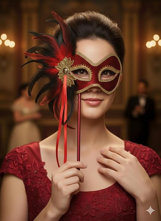 labreeze Red Masquerade Mask with Feathers on Stick – Venetian Style Handheld Party Mask