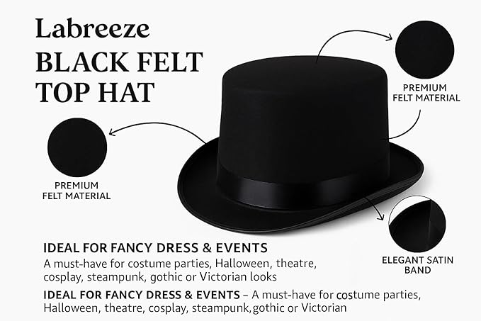 Labreeze Black Satin Top Hat Set for Couples – Elegant, Stylish, and Timeless – Perfect for Halloween, Cosplay, Wedding, or Formal Events – Premium Quality and Comfortable Fit