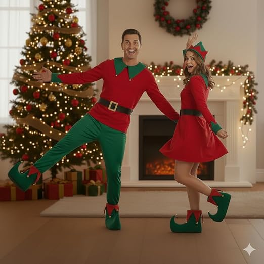 labreeze Pack of 2 Adult Deluxe Elf Boots – Green & Red Plush Christmas Elf Shoes