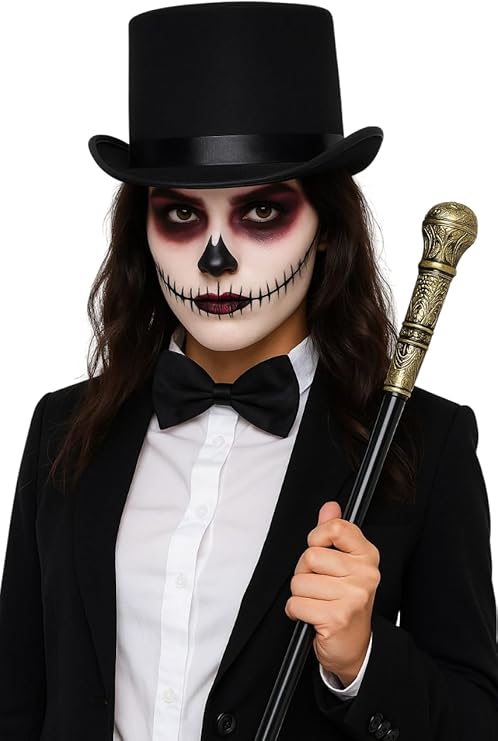 labreeze Women’s Black Lincoln Top Hat, Black Bow Tie & Gold Top Cane Set – Halloween Fancy Dress Accessories for Adults – Elegant Magician, Ringmaster & Vampire Costume Kit