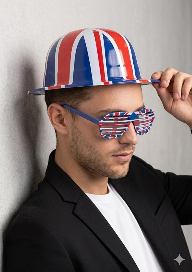 Union Jack Plastic Bowler Hat & Shutter Glasses Set – Red British Pride Costume Accessory (Adult Unisex) - Labreeze Ltd