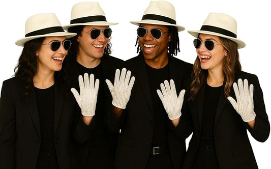 labreeze 4 White Al Capone Gangster Hats, 4 Pop Icon Sequin Gloves & 4 Black Sunglasses Set – Group Costume Accessories for Halloween, Parties & Themed Events