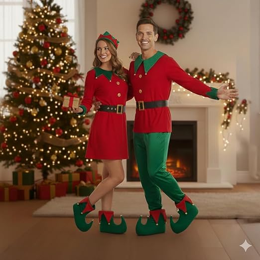 labreeze Pack of 2 Adult Deluxe Elf Boots – Green & Red Plush Christmas Elf Shoes