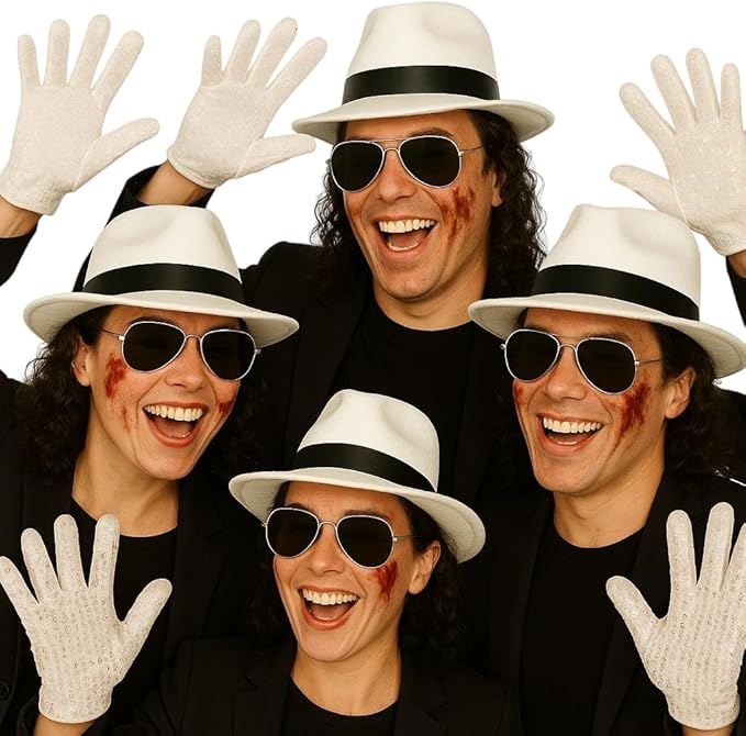 labreeze Halloween 4-Pack Costume Set – White Al Capone Gangster Hats, Silver Sequin Gloves & Black Sunglasses for Adults – Group Fancy Dress Accessory Kit