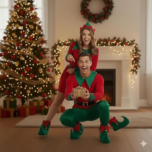 labreeze Pack of 2 Adult Deluxe Elf Boots – Green & Red Plush Christmas Elf Shoes