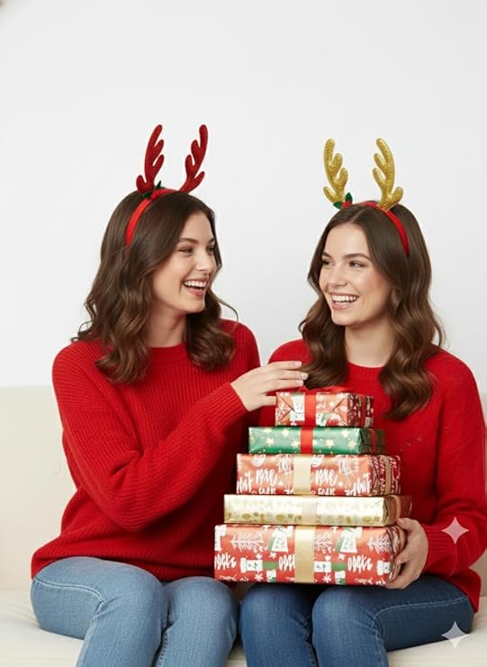 Labreeze Set of 2 Christmas Glitter Reindeer Antlers Headbands – Red & Gold Festive Holiday Accessories