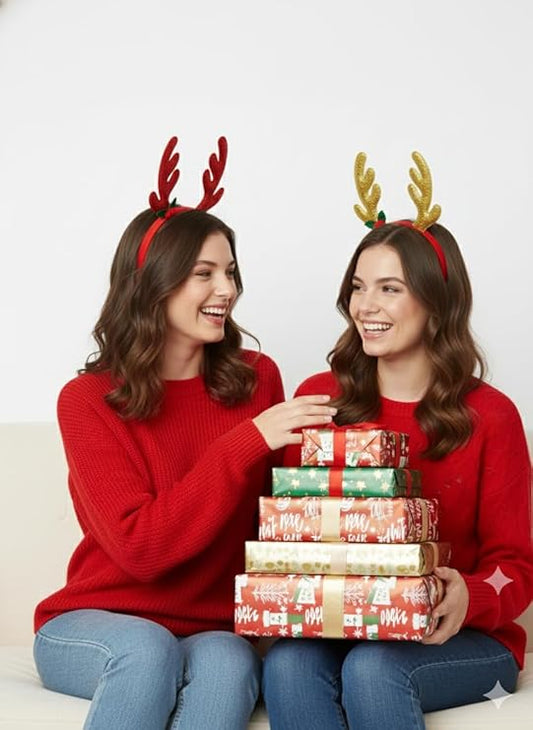 Labreeze Set of 2 Christmas Glitter Reindeer Antlers Headbands – Red & Gold Festive Holiday Accessories