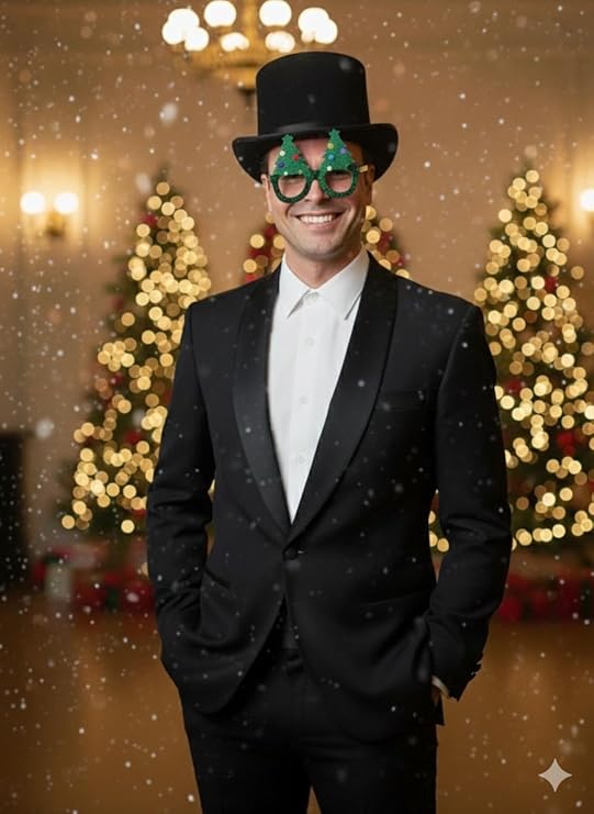 Labreeze Christmas Party Accessory Set – Black Velour Top Hat with Green Glitter Christmas Tree Glasses for Adults