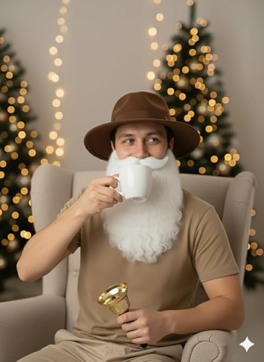 labreeze Brown Explorer Hat with Santa Beard & Gold Hand-Held Bell – Men’s Christmas Fancy Dress Accessory Set