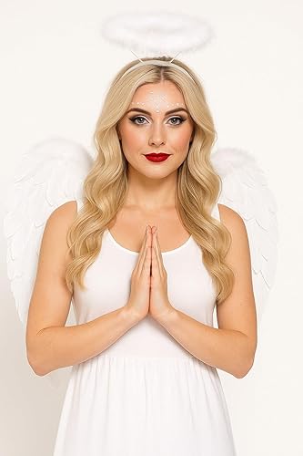 Angel Wings and Halo Costume Set, White Feather Wings 44cm x 34cm, Adult Size, for Halloween, Christmas, Cosplay