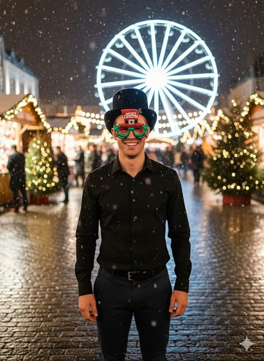 Labreeze Black Velour Top Hat with Merry Christmas Novelty Glasses – Adult Festive Holiday Costume Accessory Set