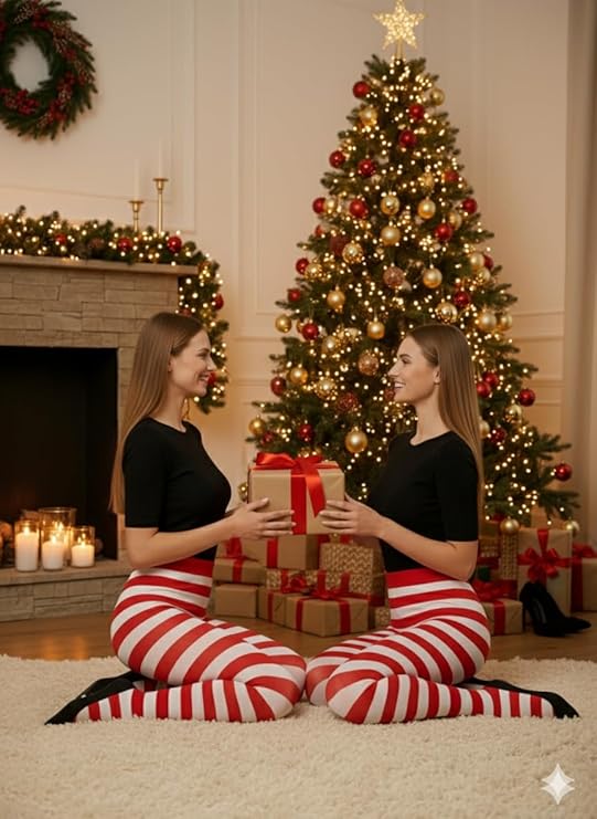 labreeze Pack of 2 Women’s Red and White Christmas Tights – Festive Striped Elf Tights for Holiday Costumes & Events