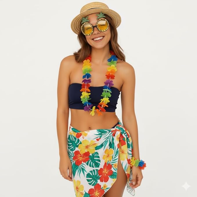 labreeze Women’s Hawaiian Fancy Dress Costume Set (4 Pieces) – Tropical Party Outfit for Beach, Luau & Summer Events