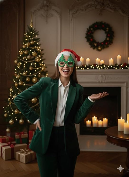 Labreeze Santa Hat & Christmas Tree Glasses Set – Festive Holiday Costume Accessories with Glitter Baubles for Adults and Kids